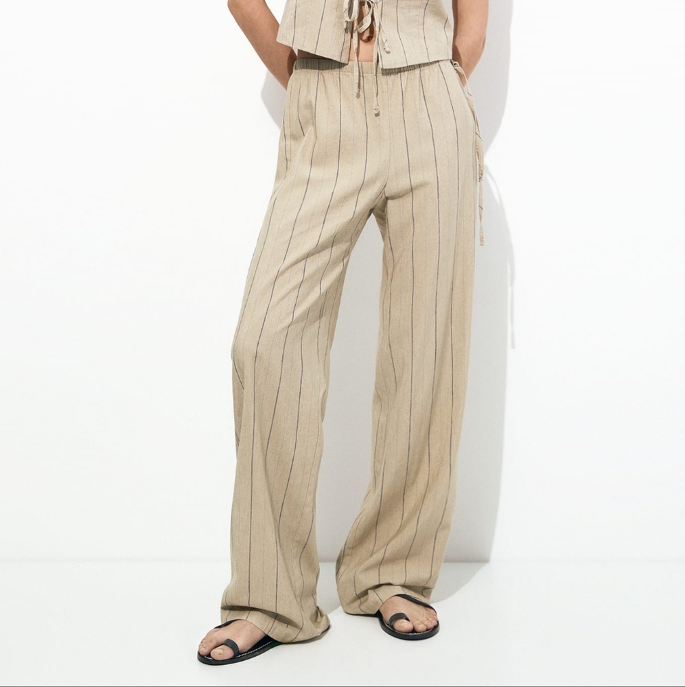Pull & Bear Drawstring Pant High Waisted Striped Tan &